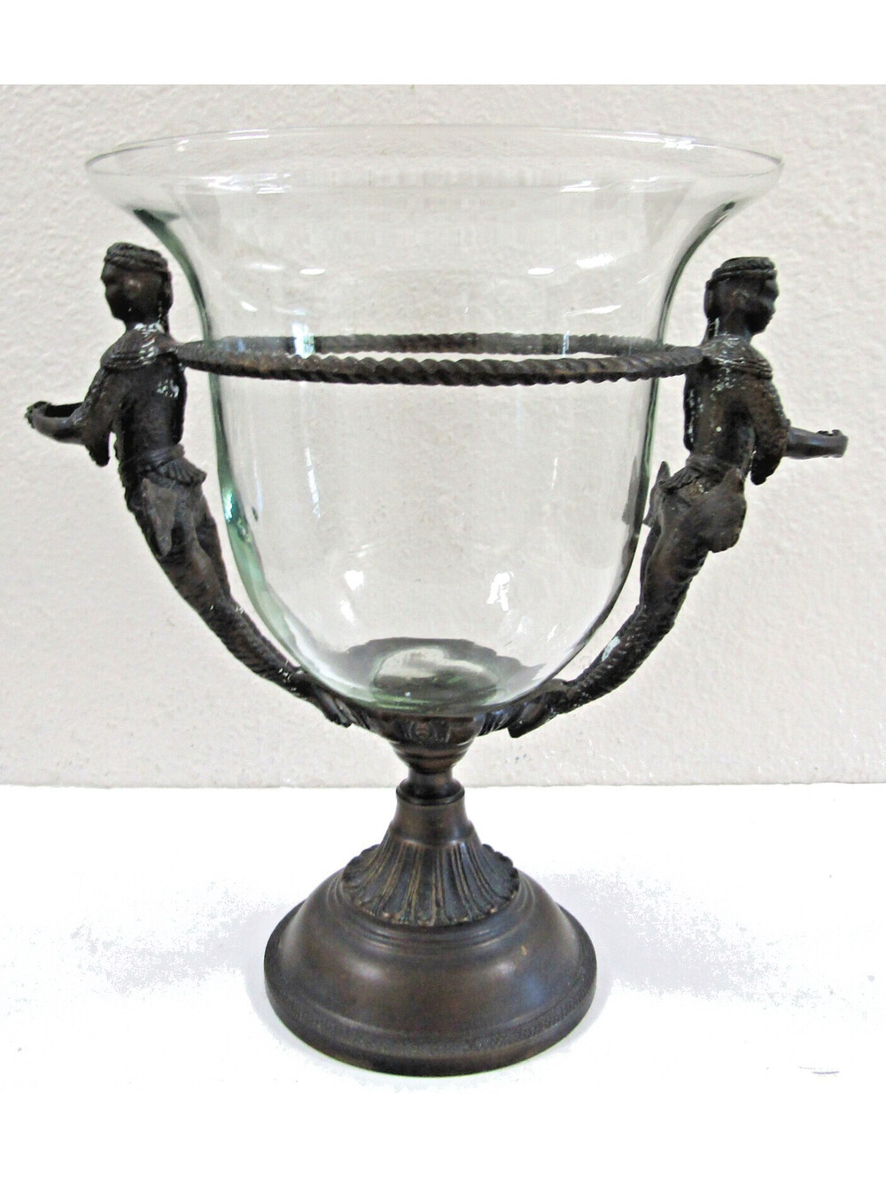 Baroque Style Case Glass Bowl with Dual Figurative Metal Handles and Stand